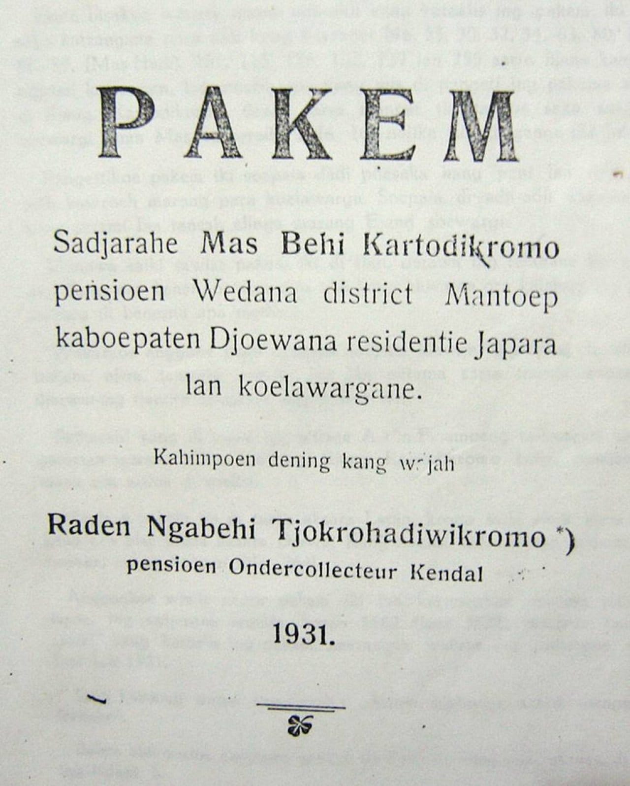 Pakem Silsilah Keluarga MAS Behi Kartodikromo, Wedana Mantoep Djoewana (1833-1873)